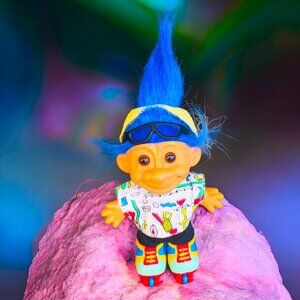 Vintage RUSS Rare Themed Cool Kid Skater Spiky Blue Hair Troll Collectible